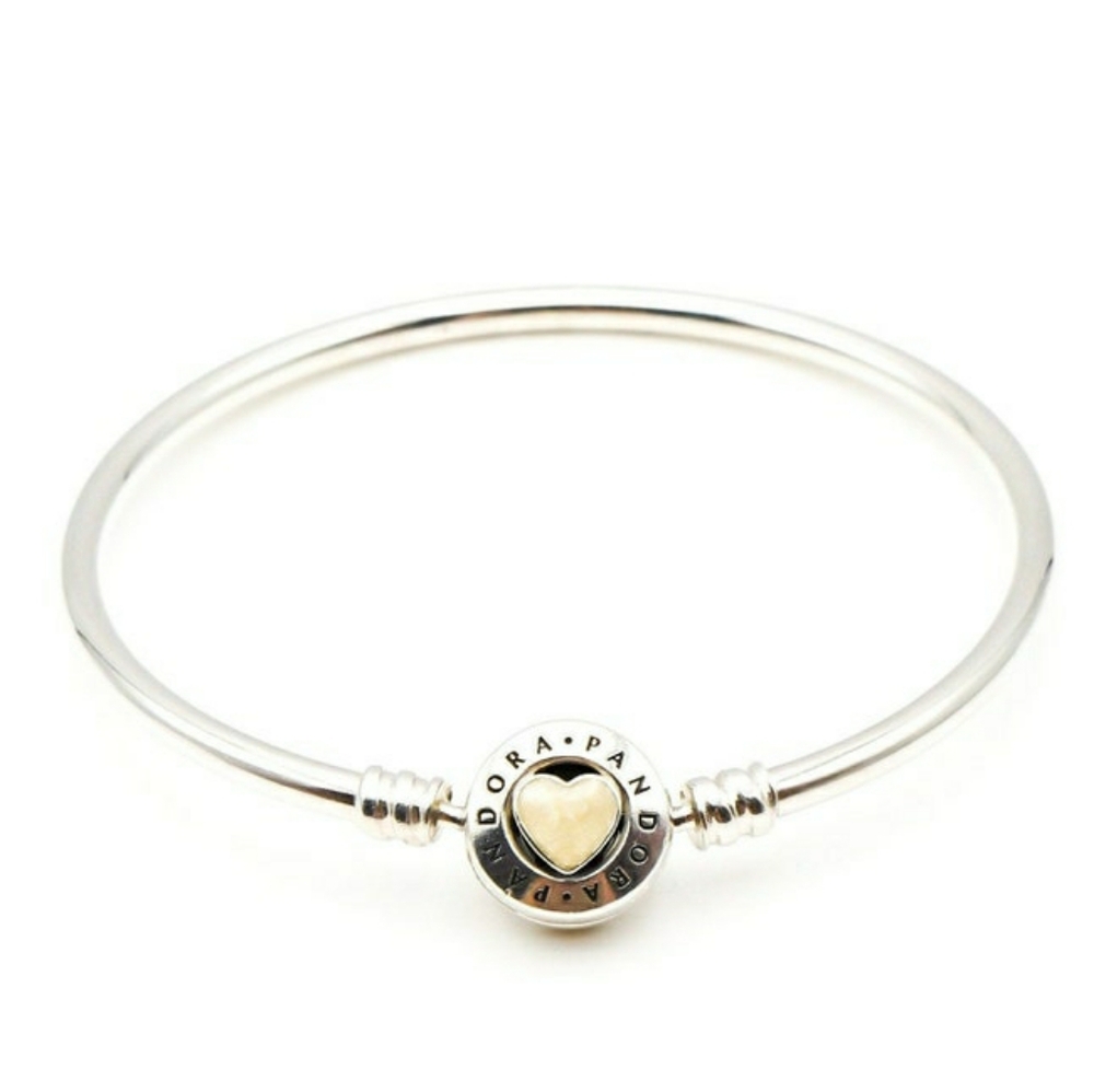 Genuine RARE Pandora Mother Pearl Heart Clasp Bangle “You Are So Loved” RETIRED